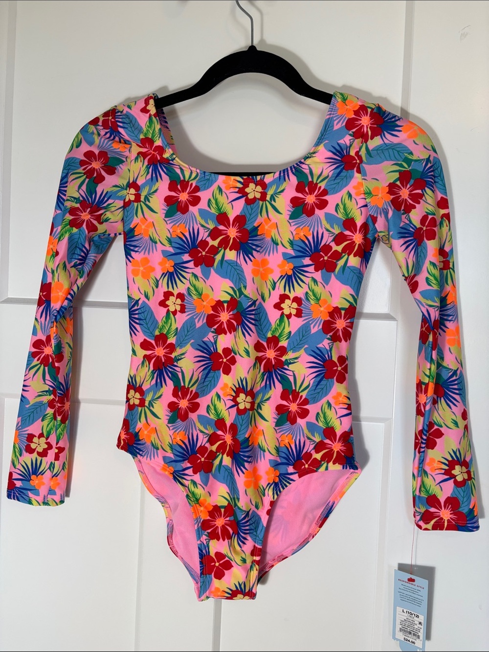 Cat & Jack Pink Floral Long-Sleeve One-Piece Swimsuit girls size 10/12 stunning